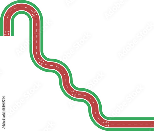 Vector element presenting a diagonal long bike lane formed as a zigzag maze with grassy median, arrow indicator, and bicycle symbol.