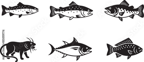 Six black and white fish and sea creature illustrations