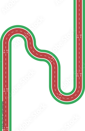 Vector element presenting an abstract rounded cycling path with continuous flow, grassy divider, bicycle pictogram, and arrow direction.