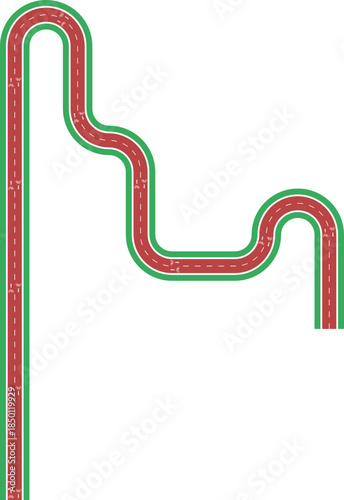 Vector element showing a long zigzag cycling path with continuous routing, grassy divider, bicycle pictogram, and arrow direction.