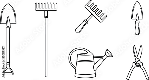Line art vector set of 6 gardening tools shovel rake trowel watering can and shears