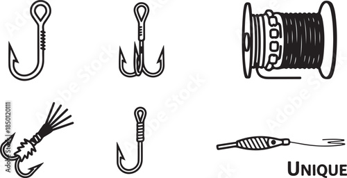 Fishing hooks and tackle on white background