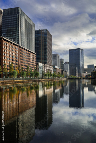 Tokyo. Urban Landscape on the Riverbank With Modern Skyscrapers Reflected in the Calm Water Under a Cloudy Sky