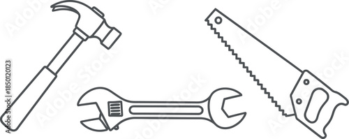 Simple line art illustration featuring a hammer adjustable wrench and hand saw representing manual labor and repair