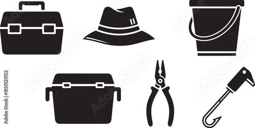 Black and white icons of fishing gear and tackle