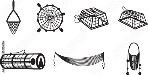 Various types of fishing nets and traps illustrations