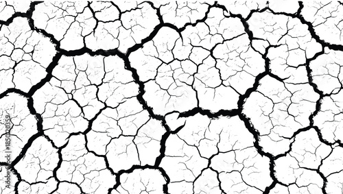 Cracked earth texture, dry soil pattern, black and white, drought surface, climate impact, environmental design, abstract, natural, rough, dramatic