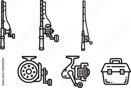 Fishing gear icons including rods and reels