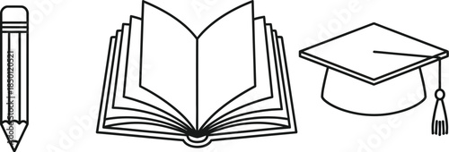 Simple line art icons representing education knowledge learning and academic achievement concepts on white