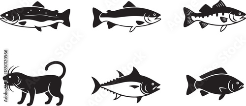 Black silhouettes of various fish and a cat on white background