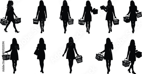 Women shopping silhouettes, grocery baskets, consumer behavior, walking poses, black illustration, retail habits, high heels, market scene, diversity, white background