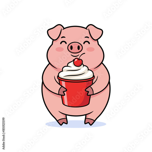 Cute cartoon pig happily holding a red cup of whipped cream with a cherry on top.