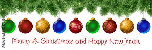 Christmas banner with colorful Christmas balls on green fir branches.