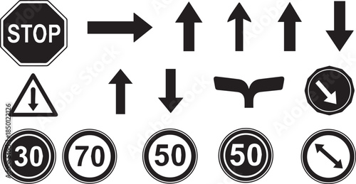 Collection of traffic signs and directional arrows for road safety and navigation symbols
