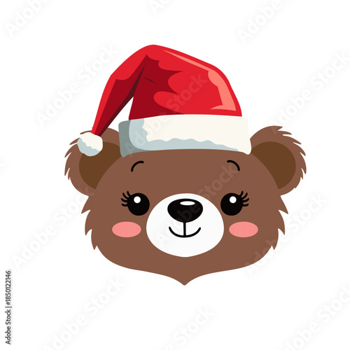 Adorable cartoon teddy bear face with rosy cheeks and long eyelashes wearing a red Santa hat.