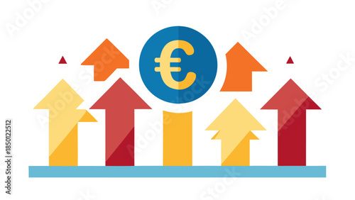 Euro currency symbol rising above colorful upward trending arrows on financial growth chart background