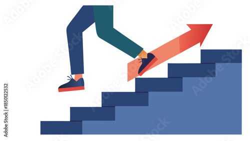 Business professional climbing red growth arrow on steps symbolizing career success and financial growth