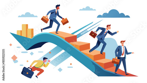 Business professionals racing on upward trending graph with growth and success concept in flat design