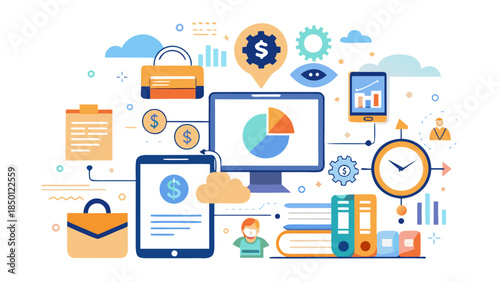 flat lay business finance concept with laptop, coins, charts, and shopping elements on light blue background