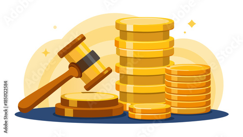 Gavel and gold coins on blue background symbolizing justice and financial law concept