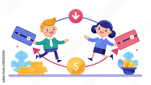 cartoon business partners balancing coins and money bags on seesaw for financial equilibrium concept