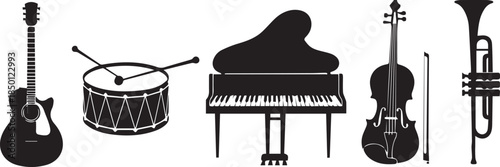 Silhouette collection of diverse musical instruments featuring piano guitar drums violin and trumpet for creative projects