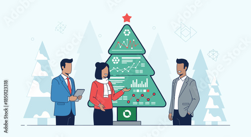 Flat design illustration of a business team reviewing data visualizations on a festive winter Christmas tree with analytics-themed ornaments
