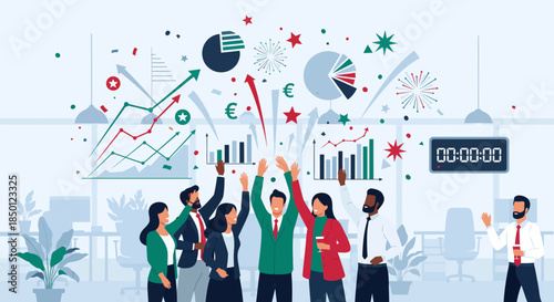 Celebrating Success in Business A Festive Atmosphere with Charts and Fireworks