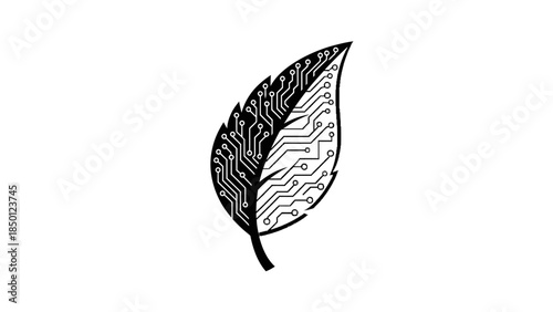 Leaf with integrated circuit pattern symbolizing technology and nature.