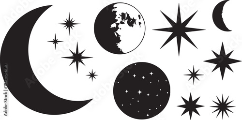 Celestial night sky silhouettes featuring moon phases and sparkling star shapes