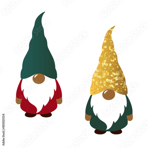 A pair of festive Scandinavian Christmas gnomes with long white beards, one with a sparkly gold hat.