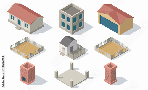 Isometric architectural elements and building blocks for construction projects