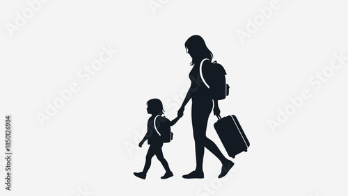 A woman and child walking together with luggage in a simple illustration