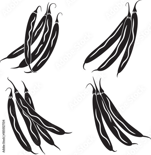 Black and white illustration of fresh green beans in a clustered arrangement