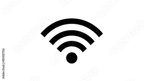 Black wifi symbol on a white background representing wireless internet connection.