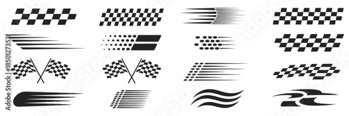 Dynamic Racing Graphic Elements Collection Featuring Speed Lines, Checkered Flags, and Sporty Decals for Automotive Design and Events