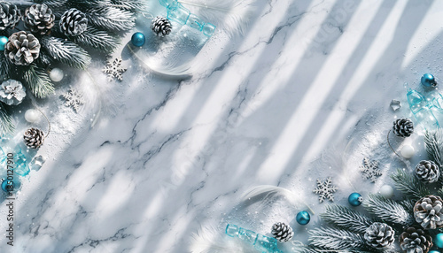 Elegant Winter Holiday Flat Lay with Frosted Pine and Ornaments