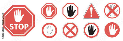 Diverse collection of red and white stop signs and warning symbols featuring hand gestures, representing prohibition, danger, and restricted access