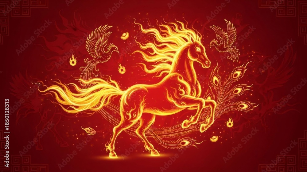 Fototapeta premium fiery mythical horse with flowing mane and flames amidst celestial elements
