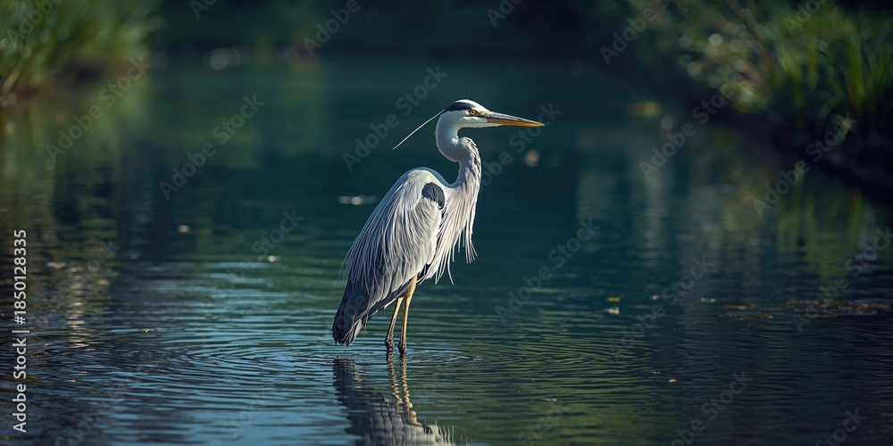 Fototapeta premium Heron perched among garden plants, illustrating avian presence in natural landscape