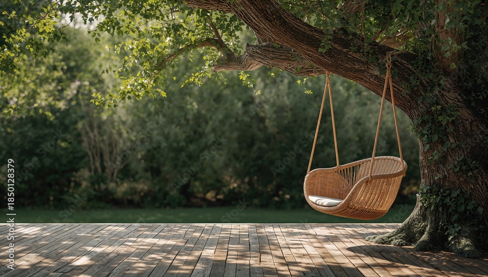 Obraz premium Old wooden terrace with wicker swing on a tree, rustic outdoor setting for relaxation, World Environment Day