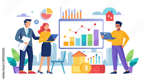 Modern business finance concept illustration showing market trends, strategy planning and economic g