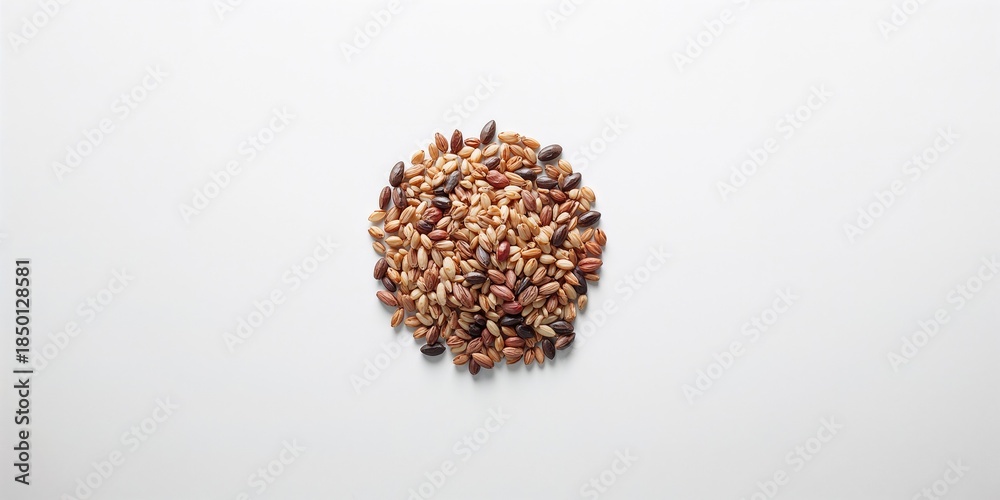 Obraz premium Collection of rice grains from different varieties on a white surface, focusing on food safety and quality, International Rice Day