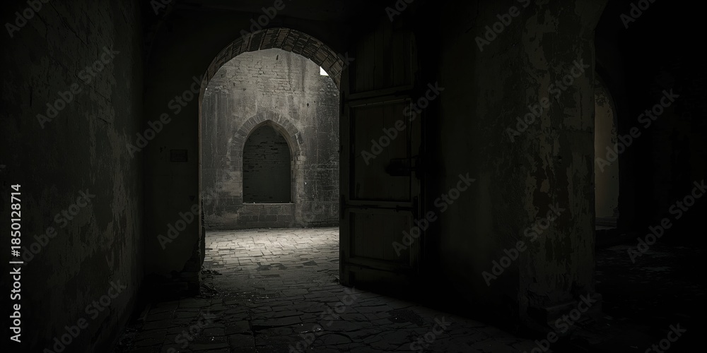 Fototapeta premium Dark corridor leading to a concrete archway, highlighting structural form and spatial depth