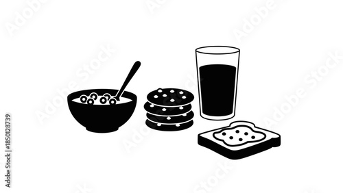 Breakfast meal with cereal cookies and toast.