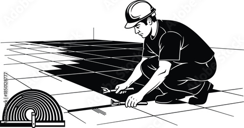 Construction worker, tile installation, floor alignment, black and white, renovation, manual labor, home improvement, tools, craftsmanship, realistic, interior, work