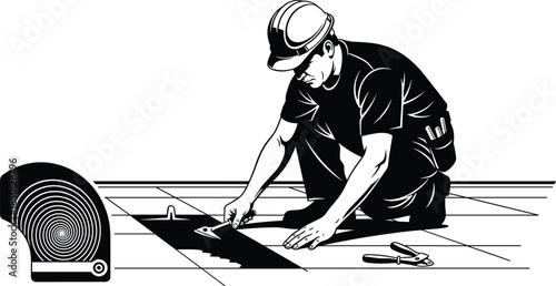 Construction worker, tile installation, flooring adhesive, black and white, manual labor, home improvement, renovation, tools, craftsmanship, interior, realistic, work
