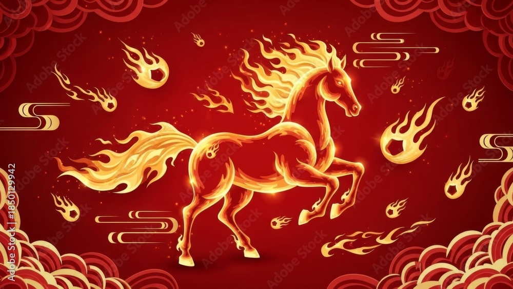 Fototapeta premium Mythical fiery horse surrounded by blazing flames and celestial clouds