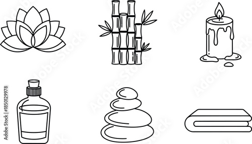 Line art vector set of 6 spa wellness icons lotus flower bamboo candle massage oil hot stones and towel