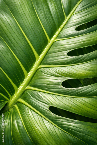 Green Monstera Leaf Close-Up with Natural Texture